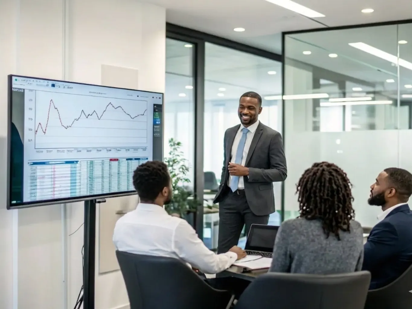 A professional consultant is presenting a digital transformation strategy to a client in a modern office setting, emphasizing a collaborative and insightful approach.