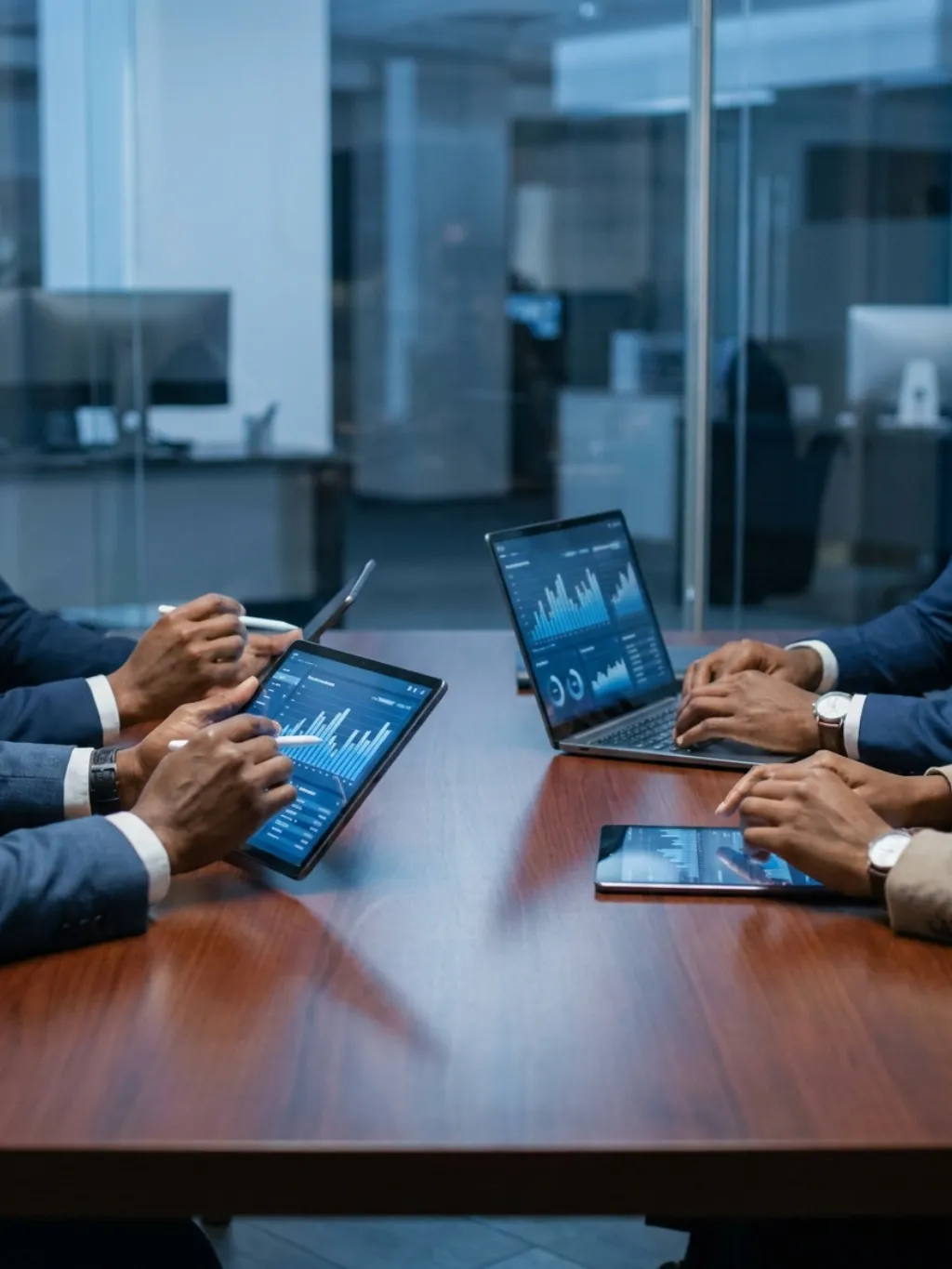 A consultant in a modern office setting, advising a client on digital transformation strategies, with charts and data visualizations displayed on a large screen in the background.