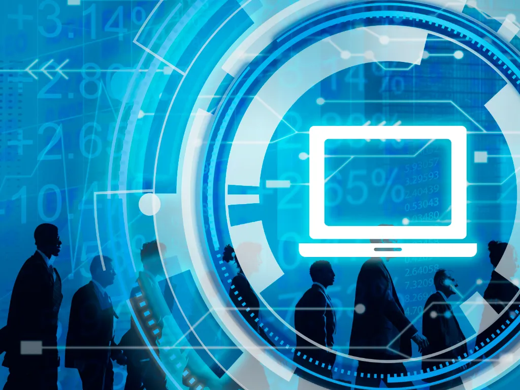 A consultant is presenting a digital transformation strategy to a client in a modern office setting. The image should convey professionalism and expertise.