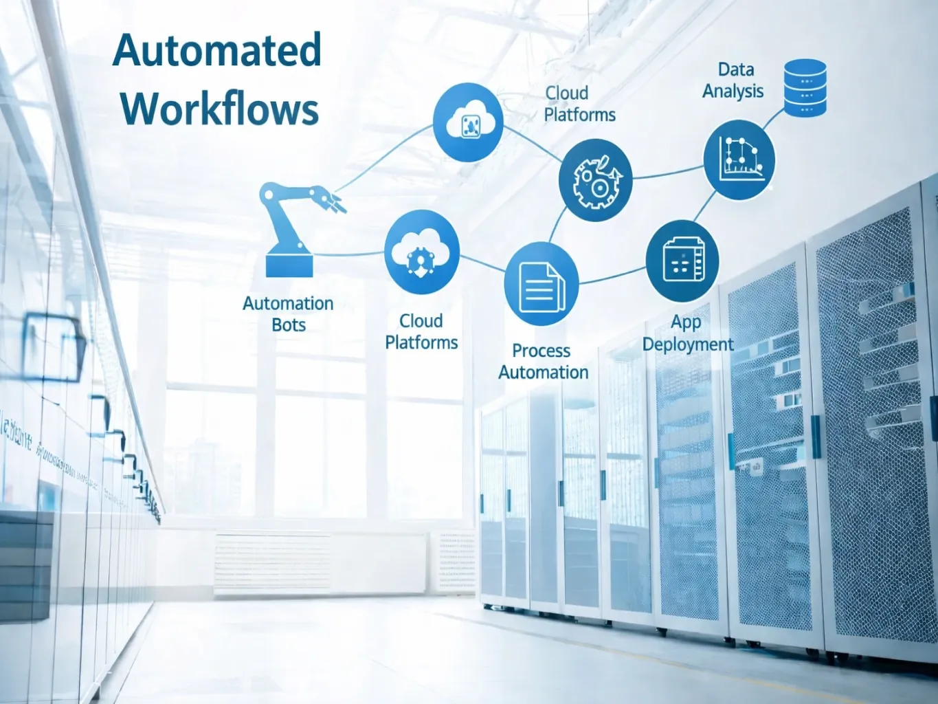 An image depicting automated workflows with interconnected digital tools, symbolizing process optimization and efficiency gains.