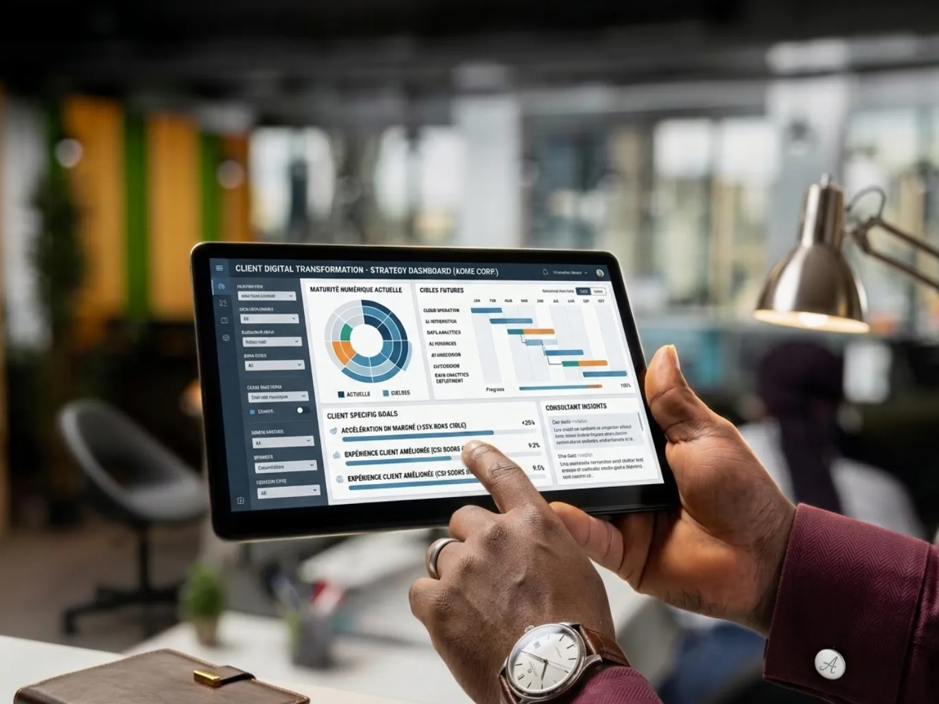A consultant is presenting a digital strategy roadmap to a client in a modern office setting, emphasizing key milestones and goals.