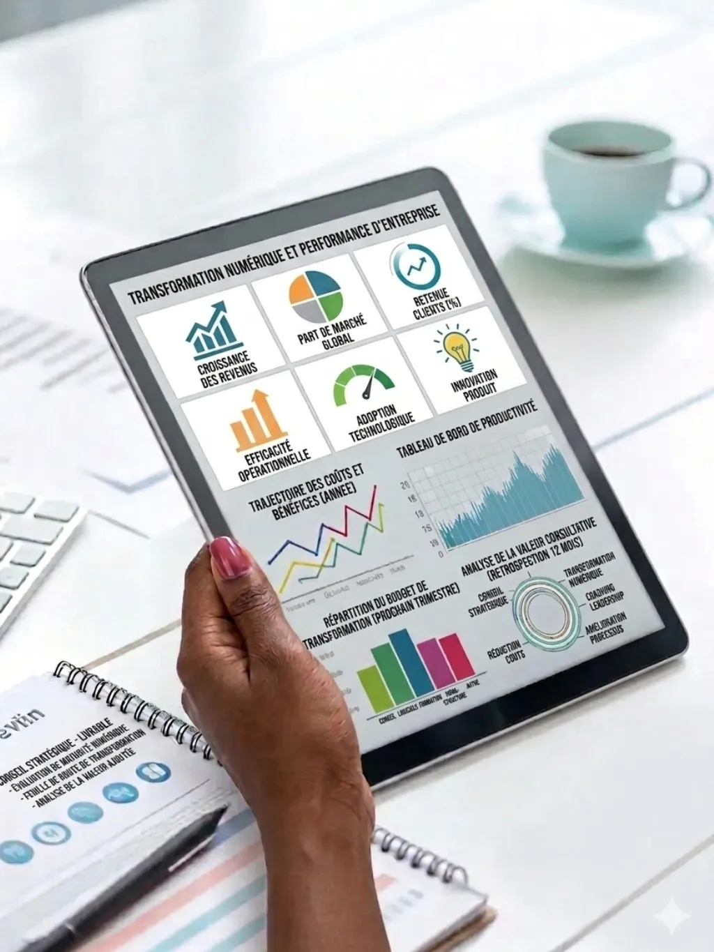 An expert demonstrating the implementation of a new digital tool to a team, showcasing its features and benefits on a tablet in a collaborative workspace.
